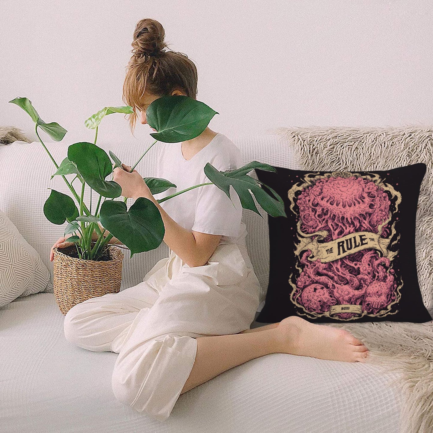 "Deep Sea Rule" Creative Throw Pillow | Unique Pink Tentacle Illustration, Oversized