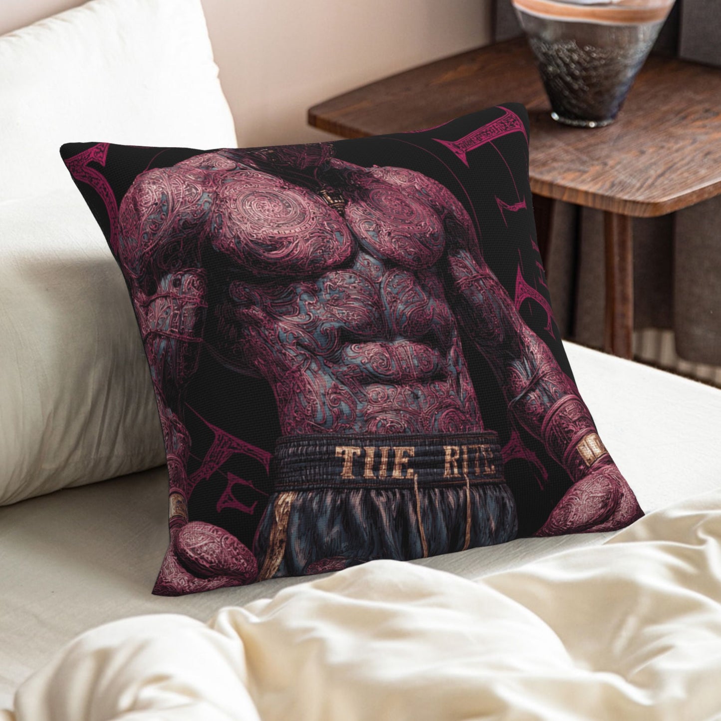 "Tattooed Champion" Creative Throw Pillow | Unique Tattooed Muscle Illustration, Oversized