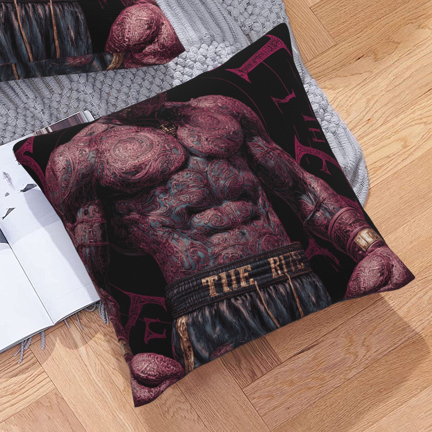 "Tattooed Champion" Creative Throw Pillow | Unique Tattooed Muscle Illustration, Oversized