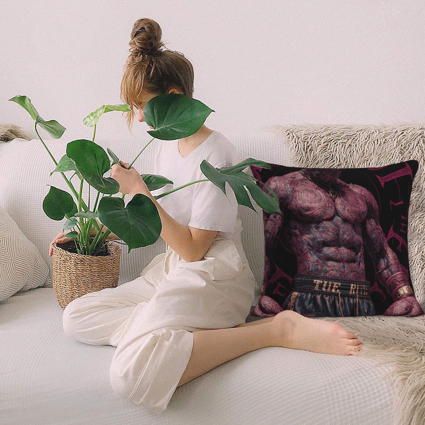 "Tattooed Champion" Creative Throw Pillow | Unique Tattooed Muscle Illustration, Oversized